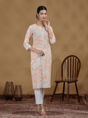 Light Orange Floral Printed Cotton Straight Kurta