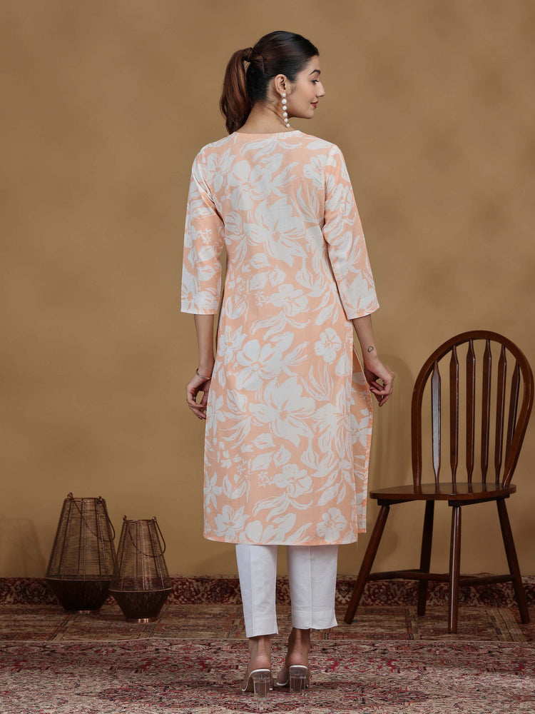 Light Orange Floral Printed Cotton Straight Kurta