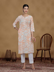 Light Orange Floral Printed Cotton Straight Kurta