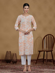 Light Orange Floral Printed Cotton Straight Kurta