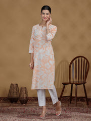 Light Orange Floral Printed Cotton Straight Kurta