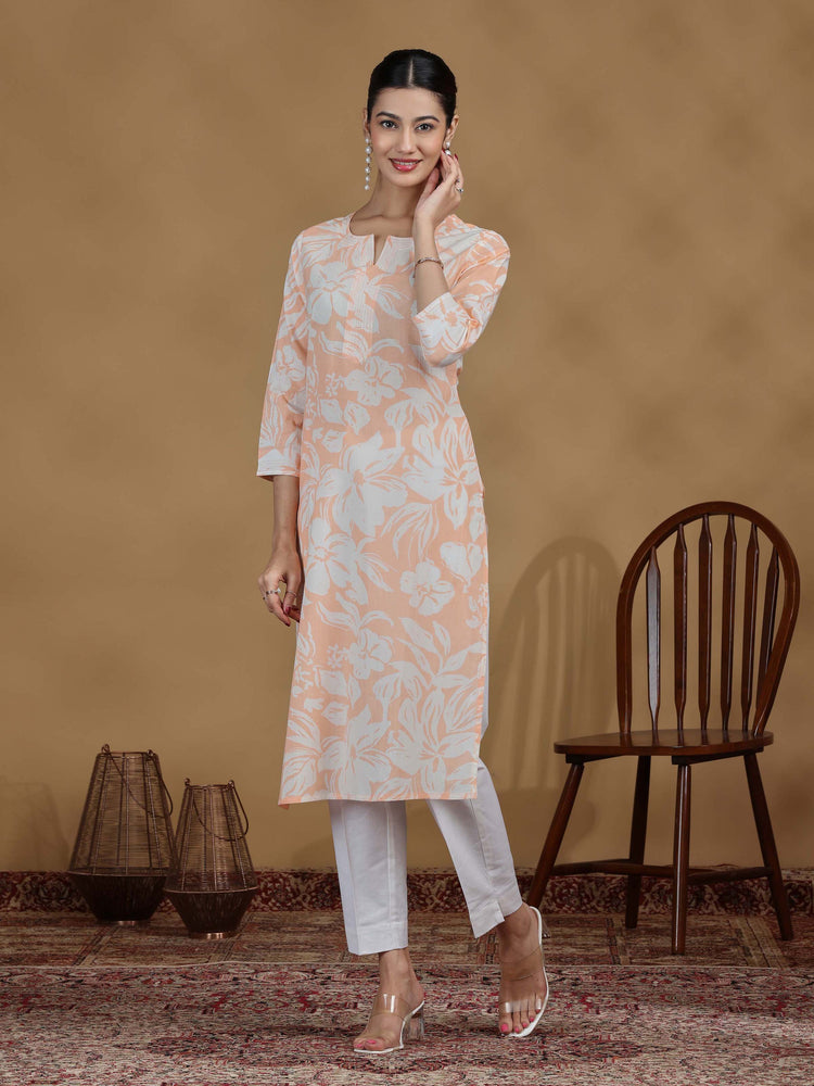 Light Orange Floral Printed Cotton Straight Kurta
