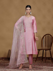 Baby Pink Embroidered Kurta Set with Organza Dupatta
