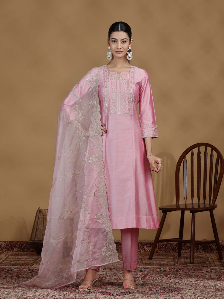 Baby Pink Embroidered Kurta Set with Organza Dupatta