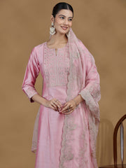 Baby Pink Embroidered Kurta Set with Organza Dupatta
