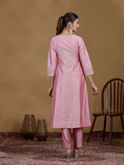 Baby Pink Embroidered Kurta Set with Organza Dupatta