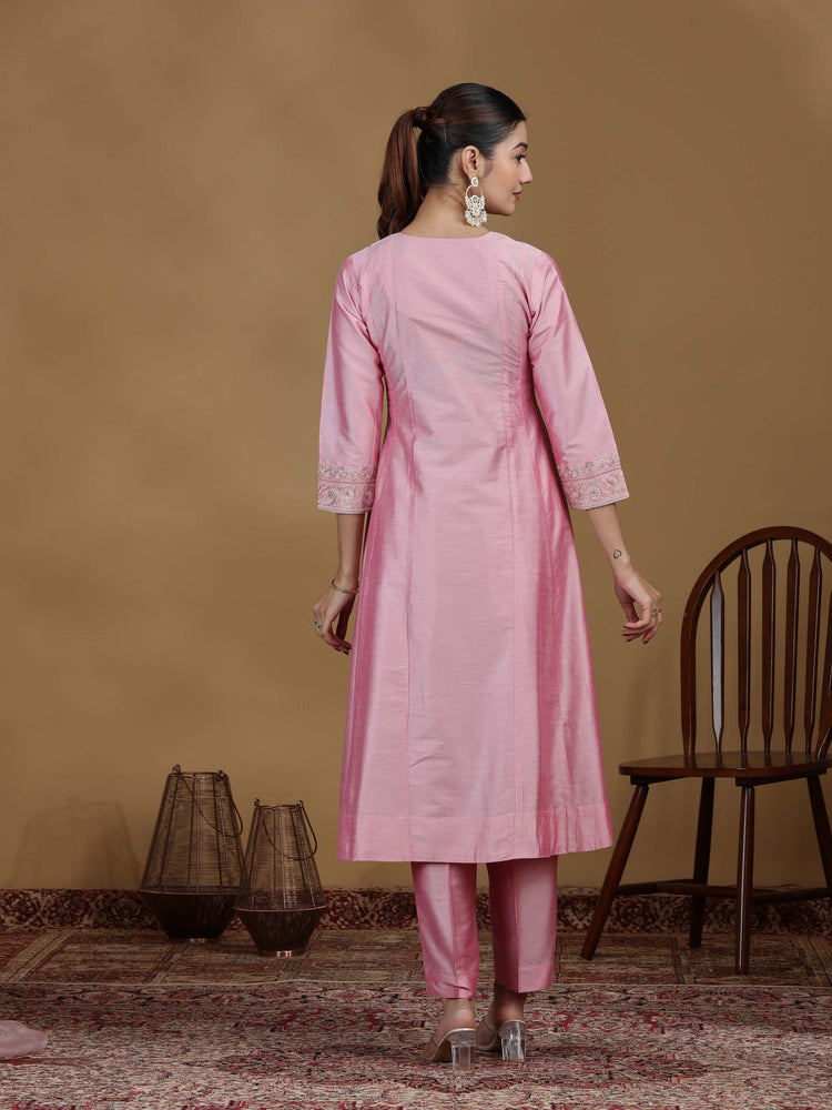 Baby Pink Embroidered Kurta Set with Organza Dupatta