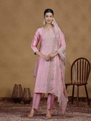 Baby Pink Embroidered Kurta Set with Organza Dupatta