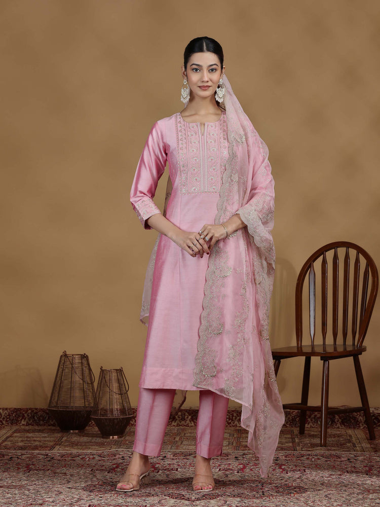 Baby Pink Embroidered Kurta Set with Organza Dupatta