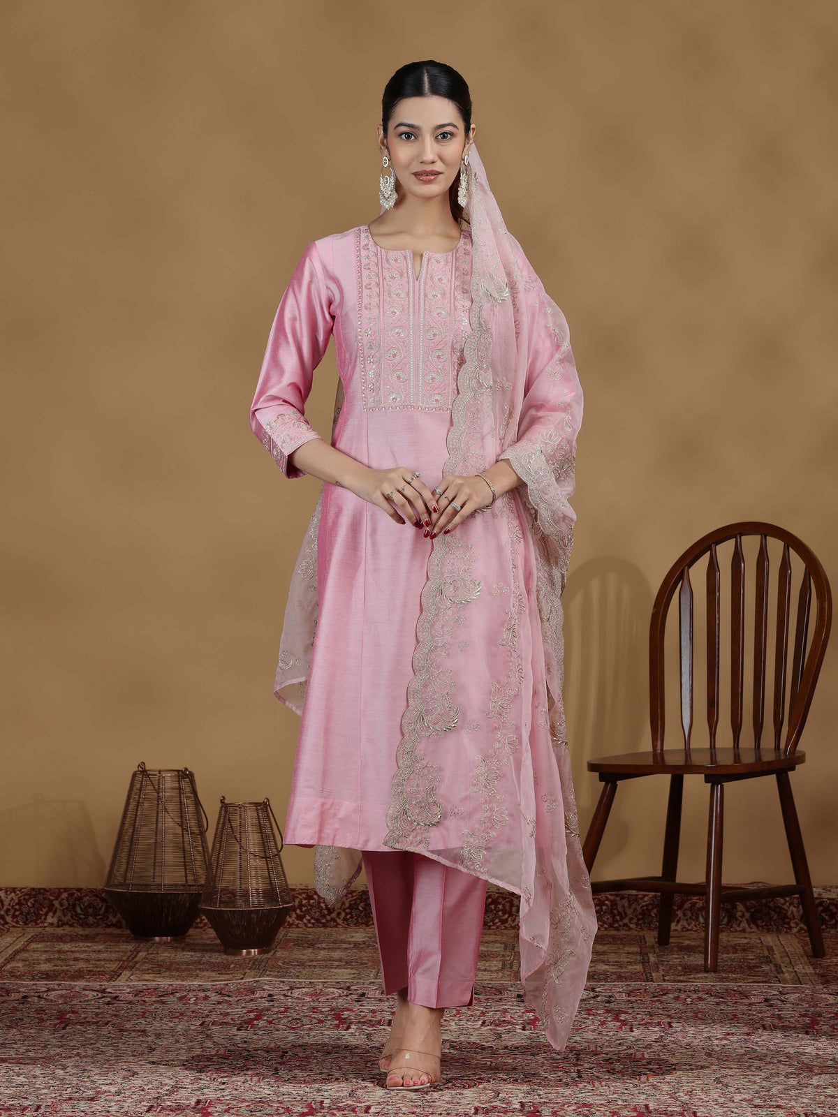 Baby Pink Embroidered Kurta Set with Organza Dupatta