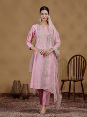 Baby Pink Embroidered Kurta Set with Organza Dupatta