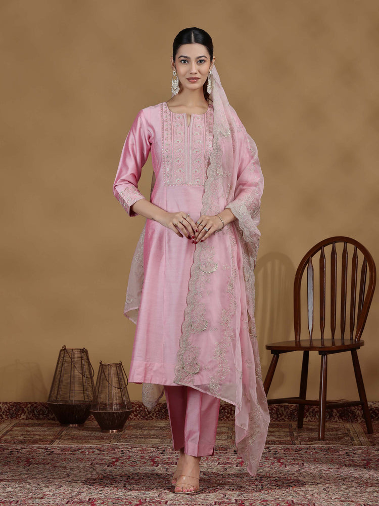 Baby Pink Embroidered Kurta Set with Organza Dupatta