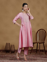 Baby Pink Embroidered Kurta Set with Organza Dupatta
