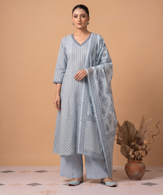 Sky Blue Pure Cotton Printed Ethnic Suit Set with Dupatta