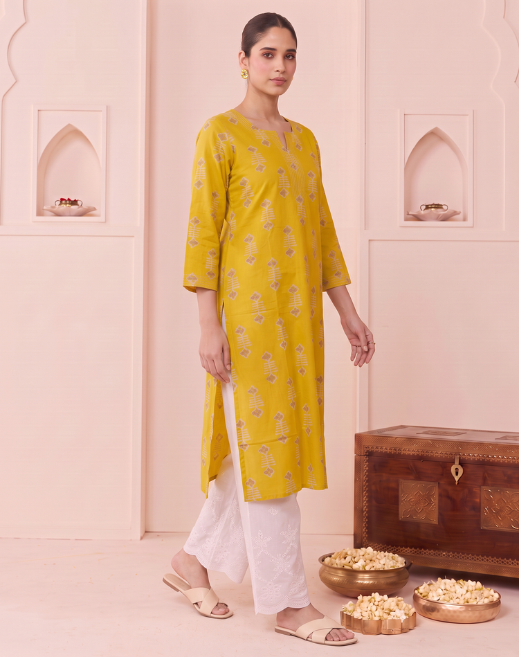 Mustard Geometric Motif Pure Cotton Kurta