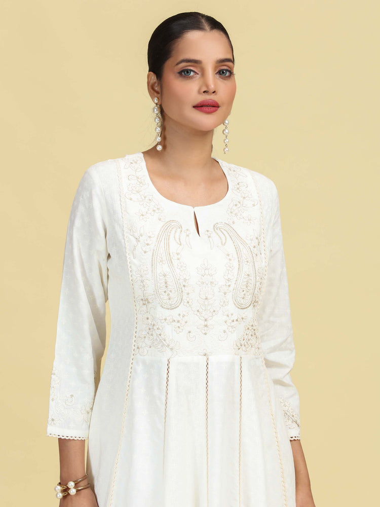 Off White Flared Embroidered A-line Kurta