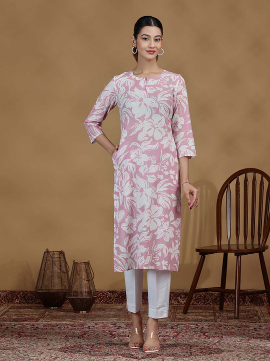 Light Purple Floral Printed Cotton Kurta