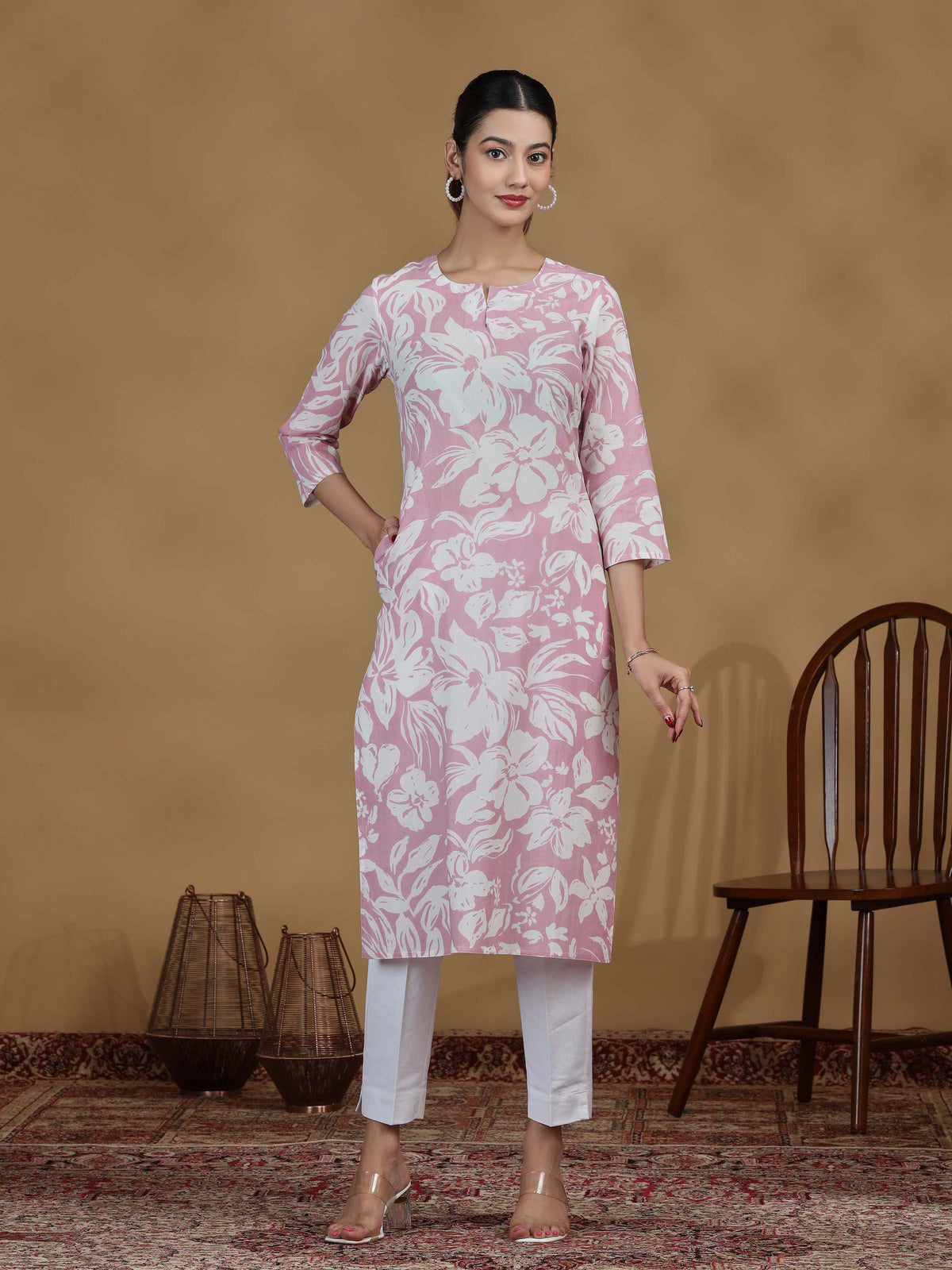 Light Purple Floral Printed Cotton Kurta