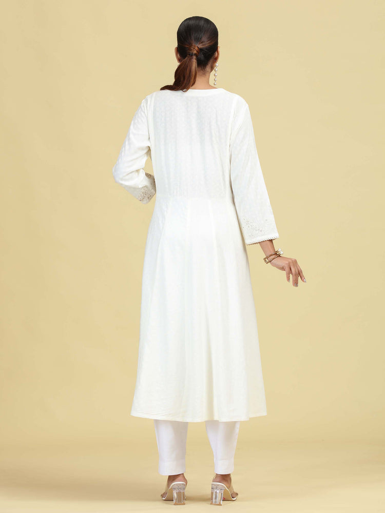 Off White Flared Embroidered A-line Kurta