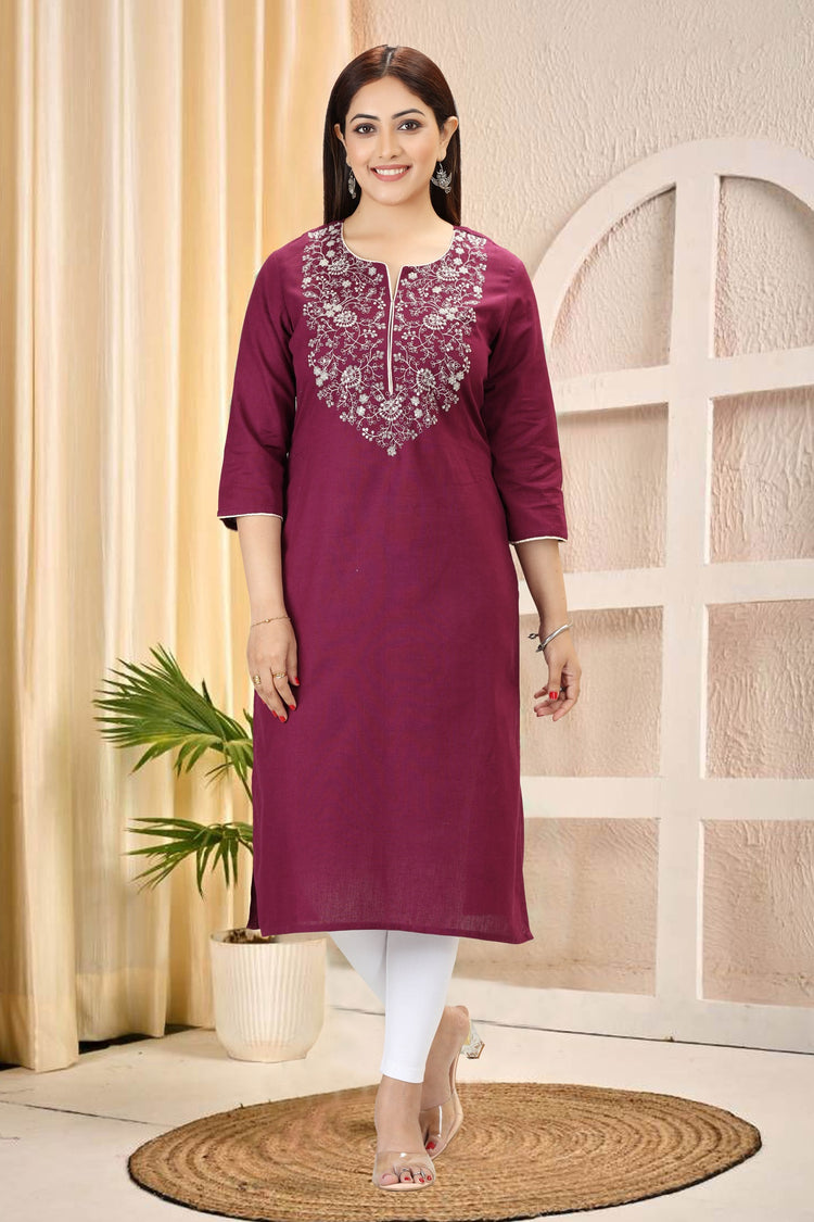 Purple Rayon Straight Embroidered Kurta