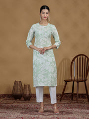 Light Green Floral Printed Cotton Kurta