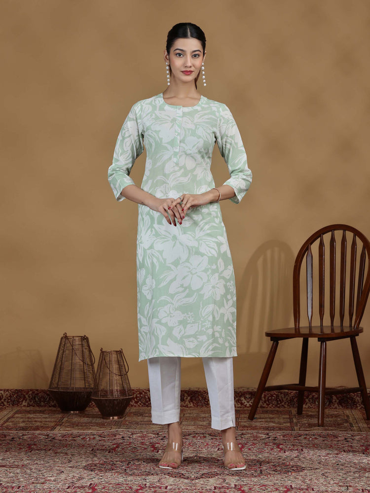 Light Green Floral Printed Cotton Kurta