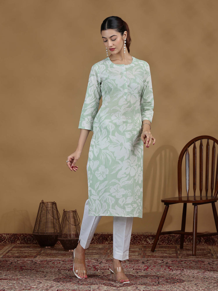 Light Green Floral Printed Cotton Kurta