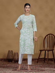 Light Green Floral Printed Cotton Kurta