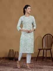 Light Green Floral Printed Cotton Kurta