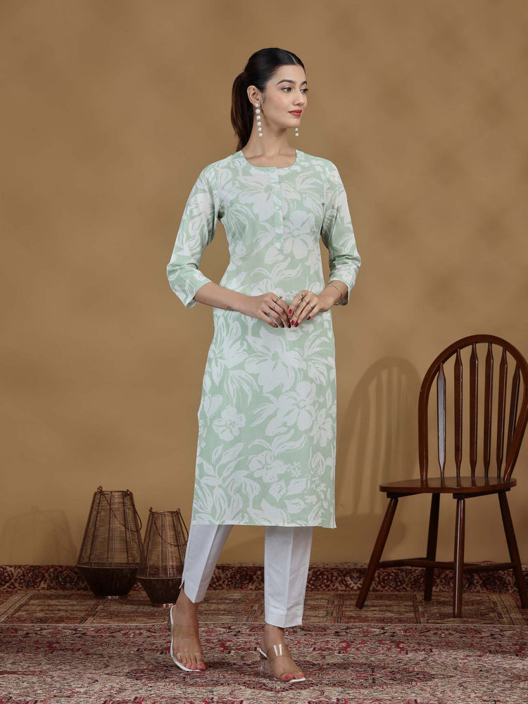 Light Green Floral Printed Cotton Kurta