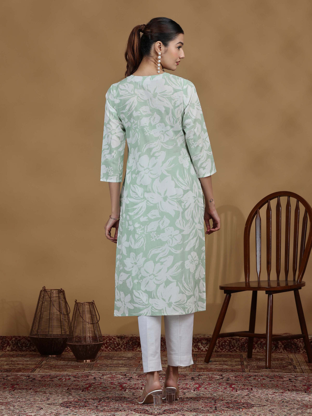 Light Green Floral Printed Cotton Kurta