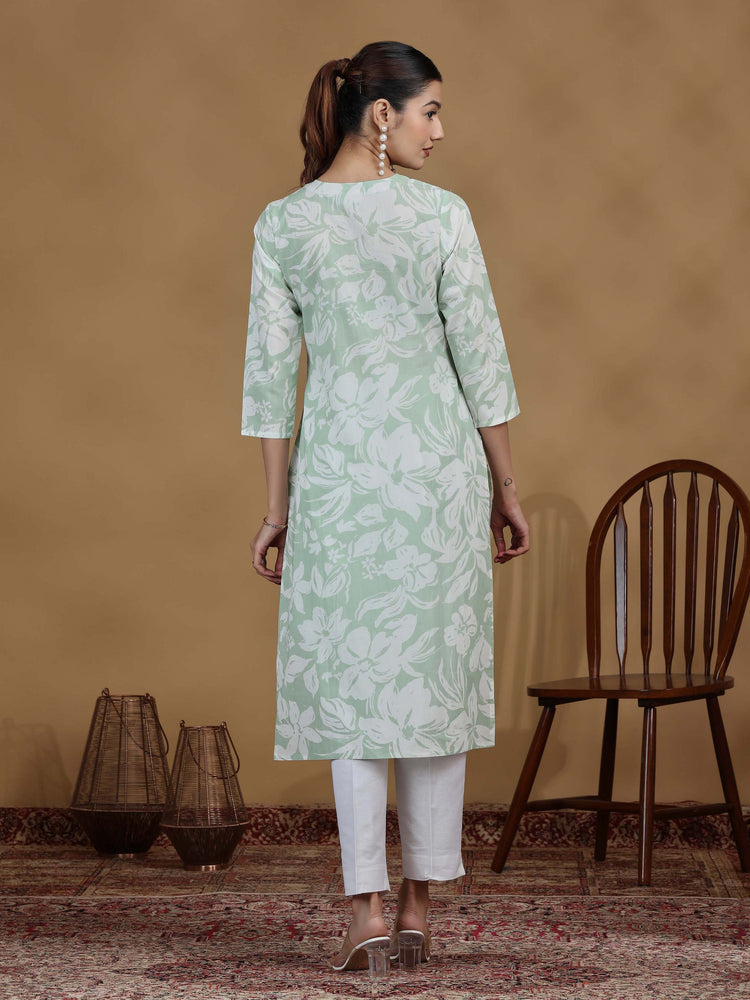 Light Green Floral Printed Cotton Kurta