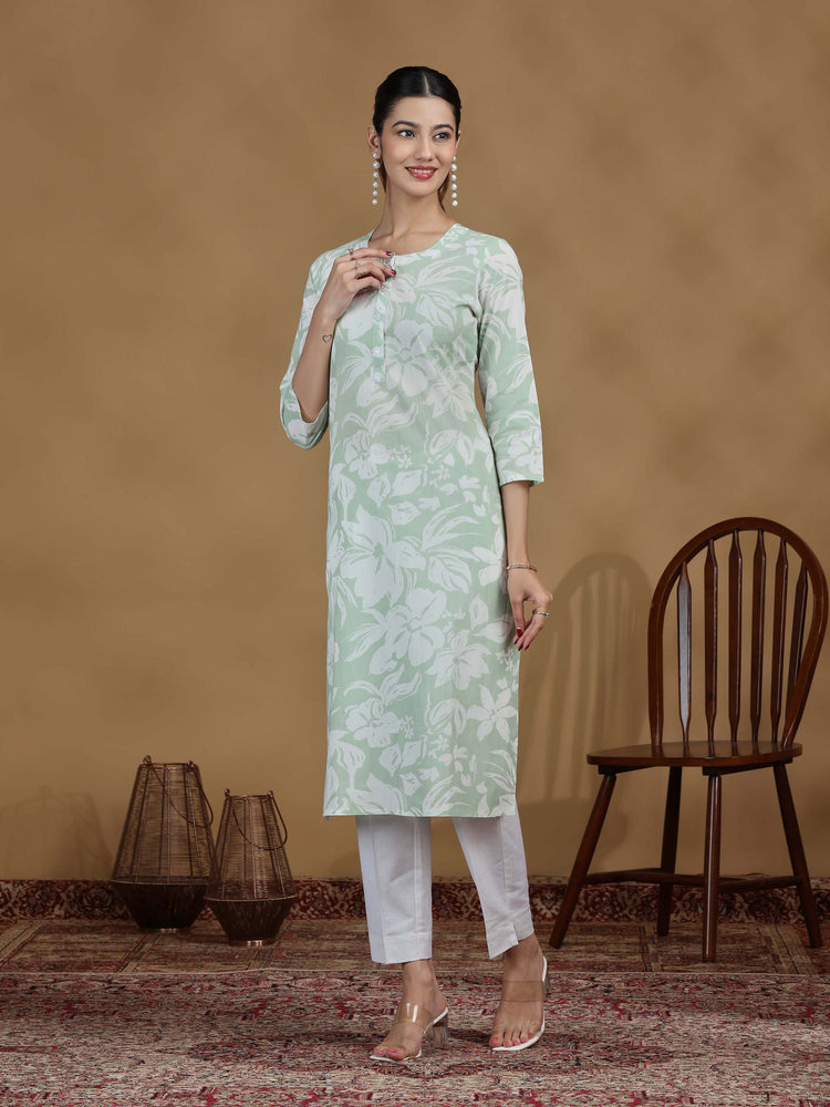 Light Green Floral Printed Cotton Kurta
