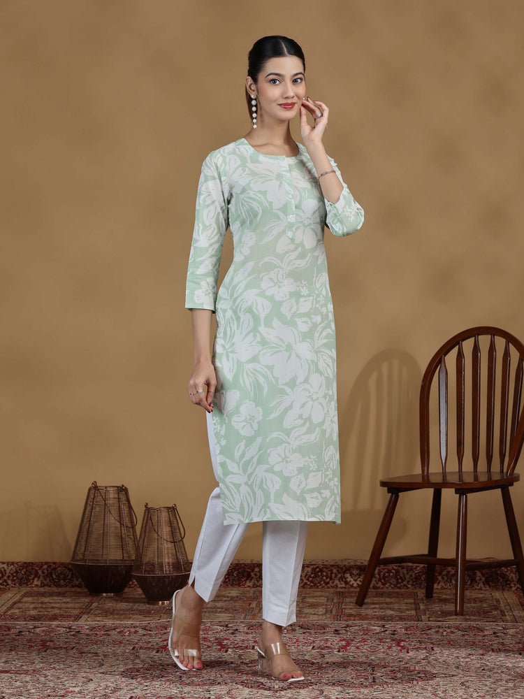 Light Green Floral Printed Cotton Kurta