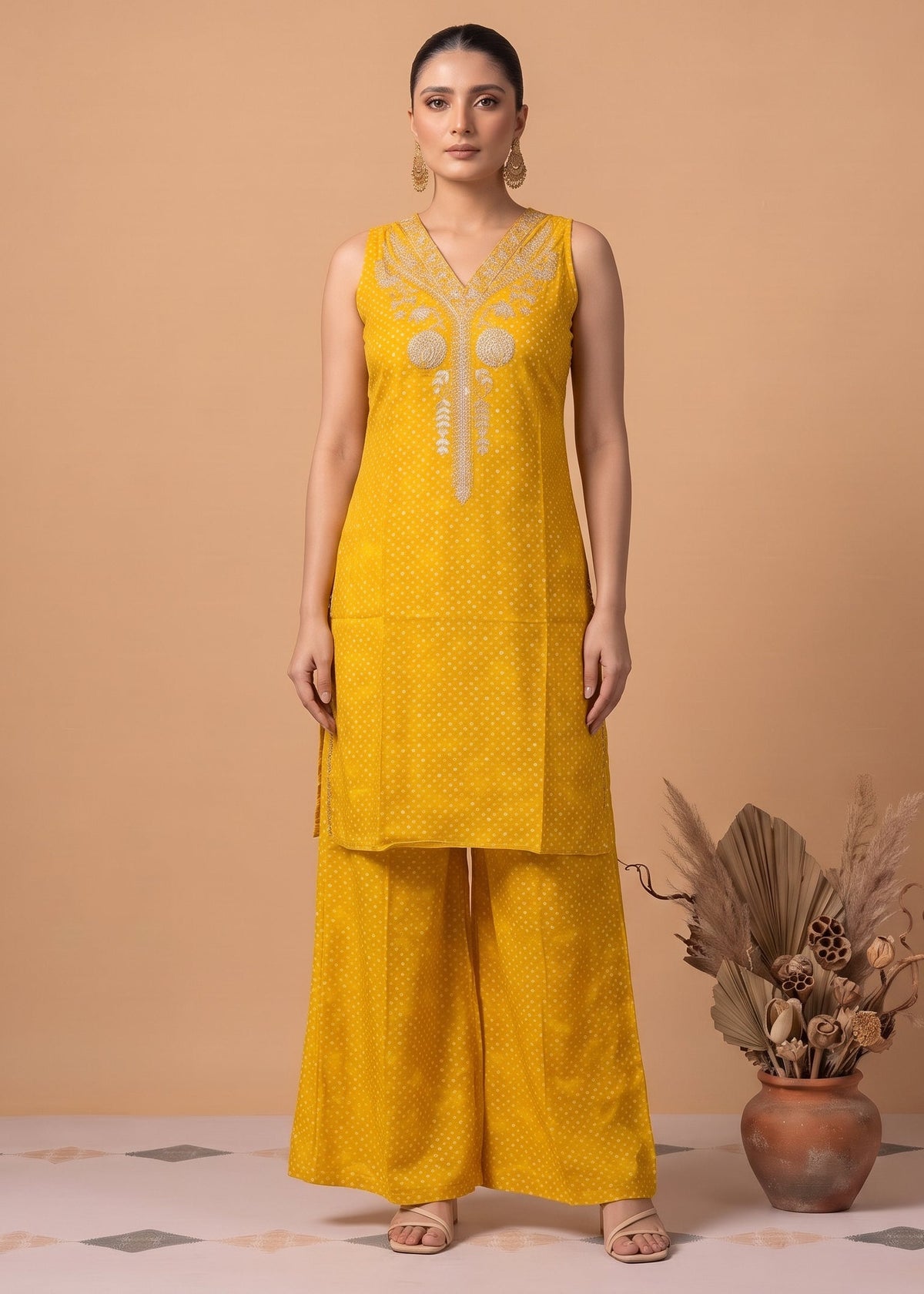 Yellow Floral Embroidery Co-Ord Set
