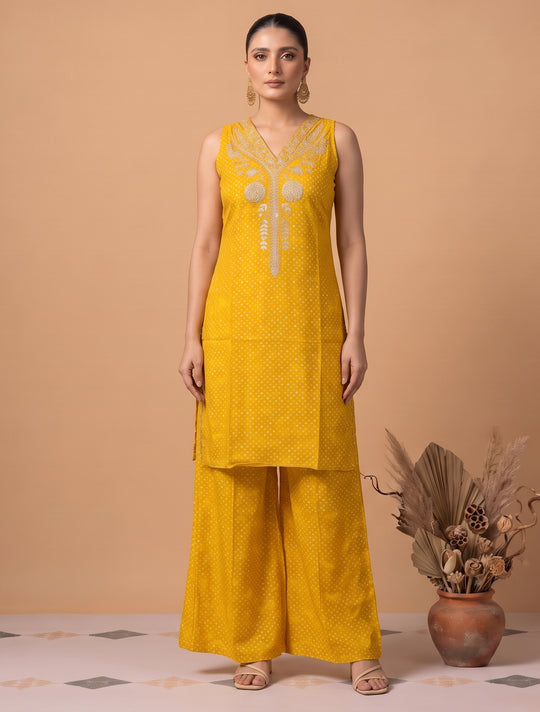 Yellow Floral Embroidery Co-Ord Set