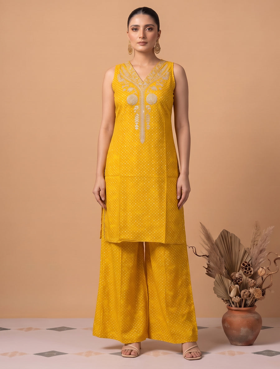 Yellow Floral Embroidery Co-Ord Set