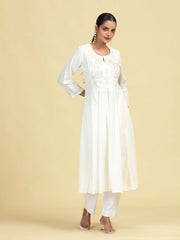 Off White Flared Embroidered A-line Kurta