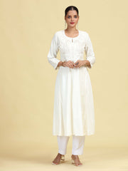 Off White Flared Embroidered A-line Kurta