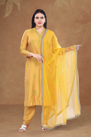 Yellow PolySilk Straight Embroidered Kurta Pant Suit Set