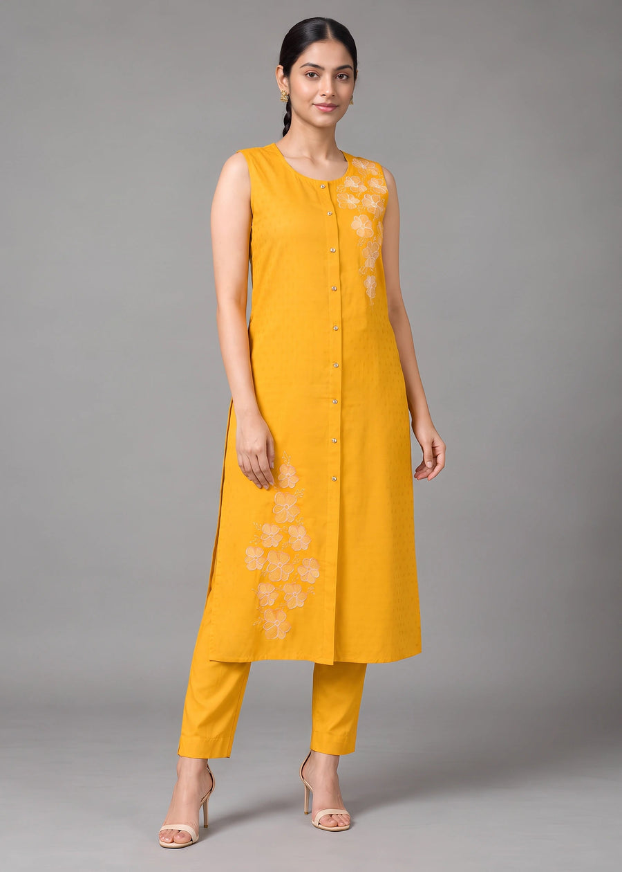 Yellow Embroidered Straight Co ord Set