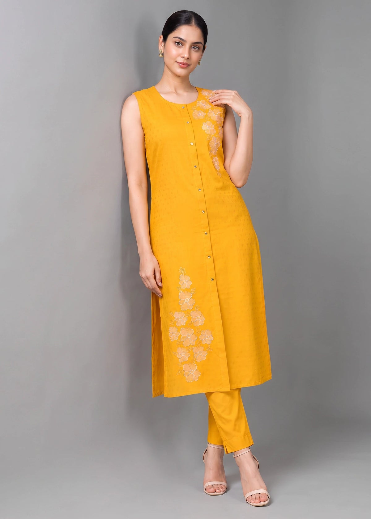 Yellow Embroidered Straight Co ord Set
