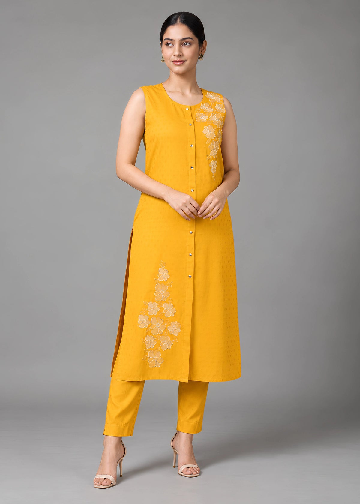 Yellow Embroidered Straight Co ord Set