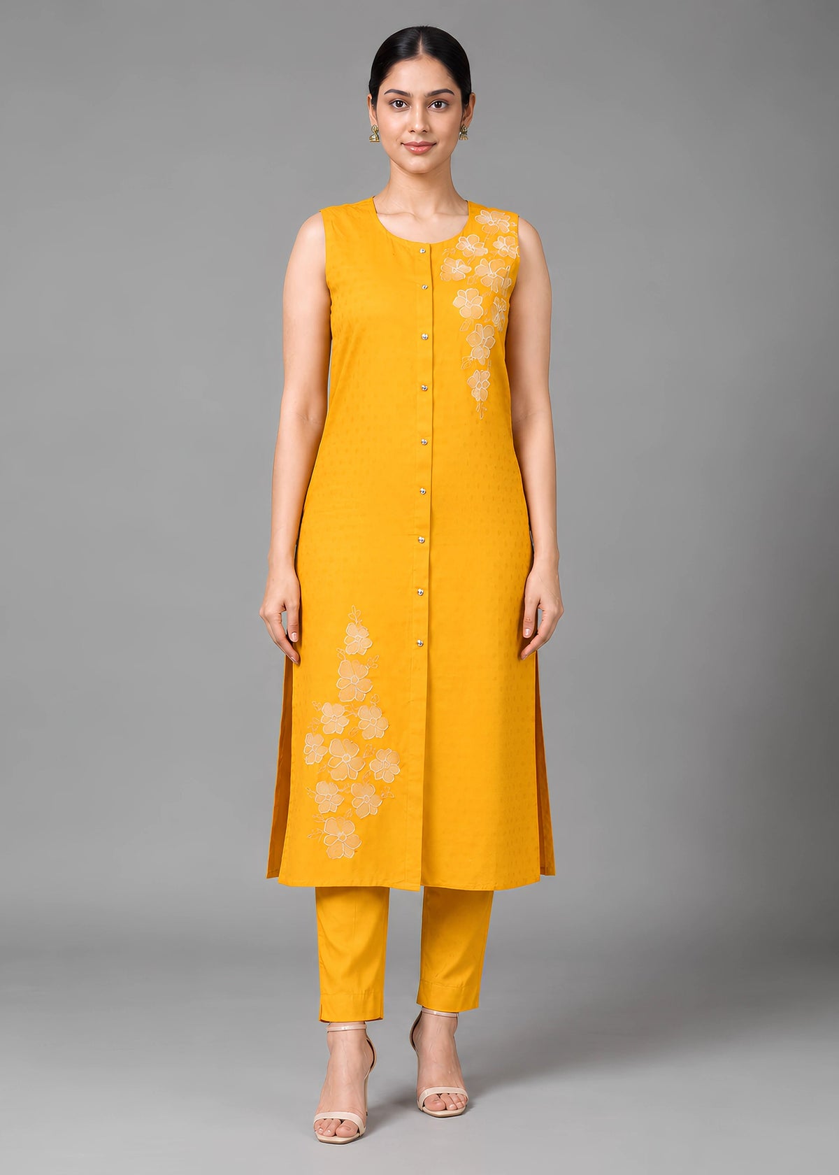 Yellow Embroidered Straight Co ord Set