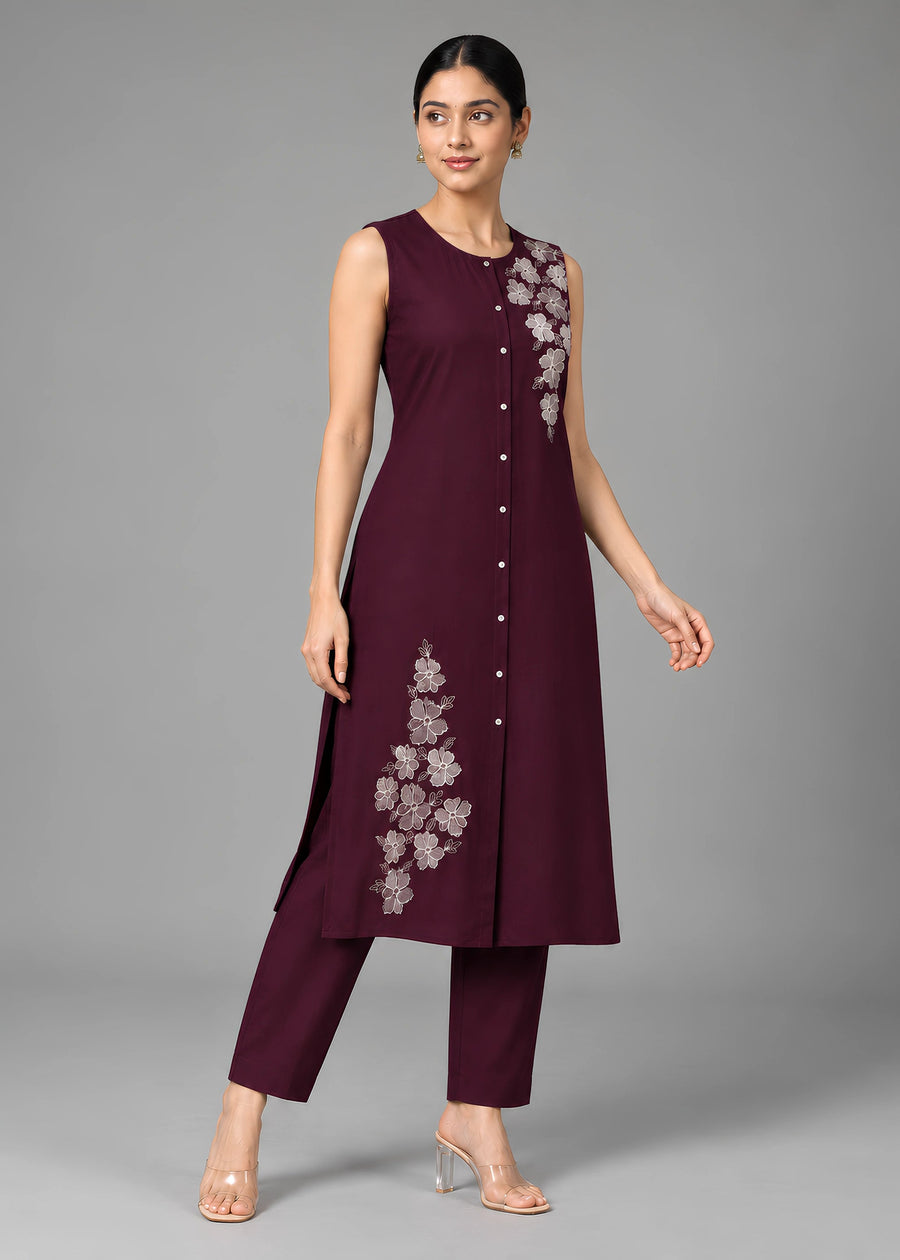 Purple Embroidered Straight Co ord Set