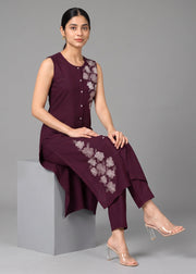 Purple Embroidered Straight Co ord Set