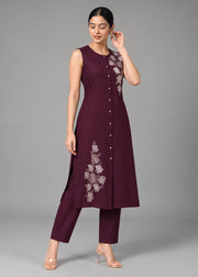 Purple Embroidered Straight Co ord Set