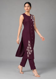 Purple Embroidered Straight Co ord Set