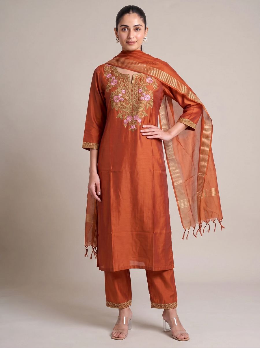 Rust Embroidered Ethnic Suit Set