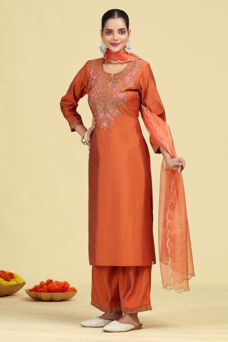 Rust Embroidered Ethnic Suit Set